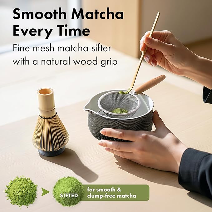 Matcha Kit Whisk Set (7 Pcs) - Complete Matcha Set, Matcha Bowl with with Bowl, Whisk and Holder, Bamboo Spoon/Scoop, Scoop Rester and Sifter incl. Booklet