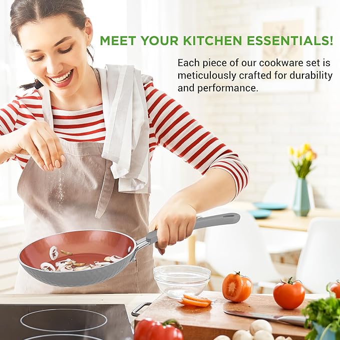 NutriChef 11 Pc Nonstick Cookware - PTFE/PFOA/PFOS Free Kitchenware Pots & Pans Set with Saucepan, Frying Pans, Cooking Pots, Lids, Utensils, Gray