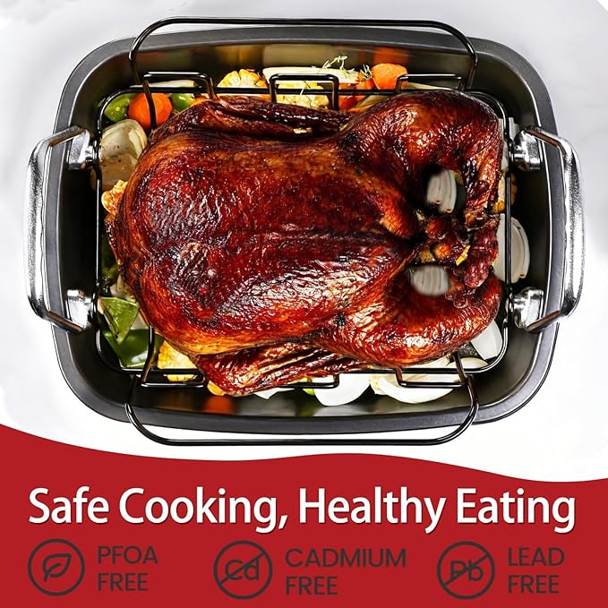 Large Nonstick Roasting Pan with Rack, Turkey Roasting Pan with Wider Handles, Heavy Duty Construction Roaster - 17.2 Inch x 13.5 Inch for Oven