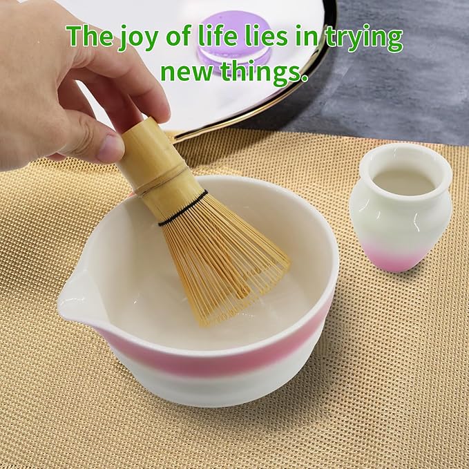 Matcha Whisk Set,7-Pcs Matcha Making Kit with Matcha Bowl,Whisk,Chasen Holder, Sifter, Tea Towel,Measuring Spoon,Bamboo Scoop,Ceremony Matcha Set Lovers Gift(Pink)