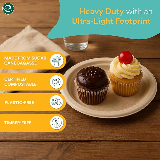ECO SOUL Compostable Paper Plates 6 Inch (400 Count) Heavy Duty Disposable Dessert Plates, Eco-Friendly Sugarcane Bagasse Small Plates For Appetizer- Natural Brown