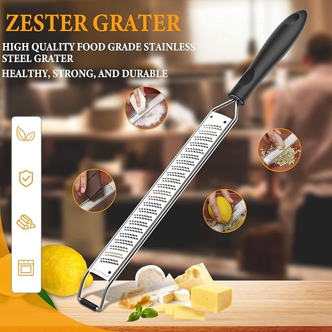 Lemon Zester & Cheese Grater – Premium Stainless Steel - A Sharp Kitchen Tool for Cheese Grater, Ginger, Garlic, Nutmeg, Chocolate, Vegetables, Fruits, Dishwasher Safe, Black B