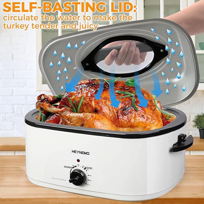 Roaster Oven, Electric Roaster Oven 26 Quart with Viewing & Self-Basting Lid, Turkey Roaster with Defrost & Warm Function, Large Electric Roaster Pan with Removable Pan & Rack, Stainless Steel, White