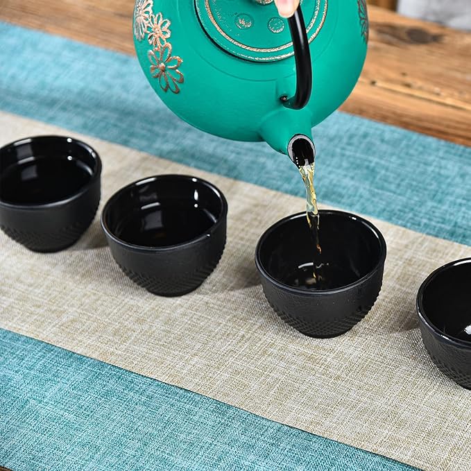 Sungmor Cast Iron Teacups - Set of 4 & 5 Ounce Japanese Style Tea Cups - Heavy Weight Black Polka Dot Teacups - Coated with Enameled Interior Vintage Teacups for Households, Offices, Tea House