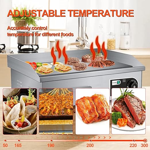 22" Electric Countertop Flat Top Griddle 1600W 110V Non-Stick Commercial Restaurant Teppanyaki Grill Stainless Steel Adjustable Temperature Control 50~300℃