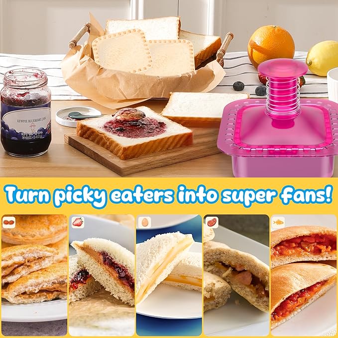 Sandwich Cutter and Sealer Cut and Seal Sandwich Maker, Crustless Peanut Butter & Jelly Sandwich Cookie Cutter (Translucent Pink Square)