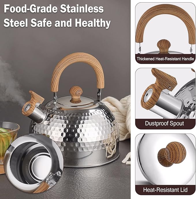 Tea Kettle, Food Grade Stainless Steel with Wood Pattern Folding Handle, Whistling Kettle for Induction, Gas, and Electric Stovetops (2 liters)
