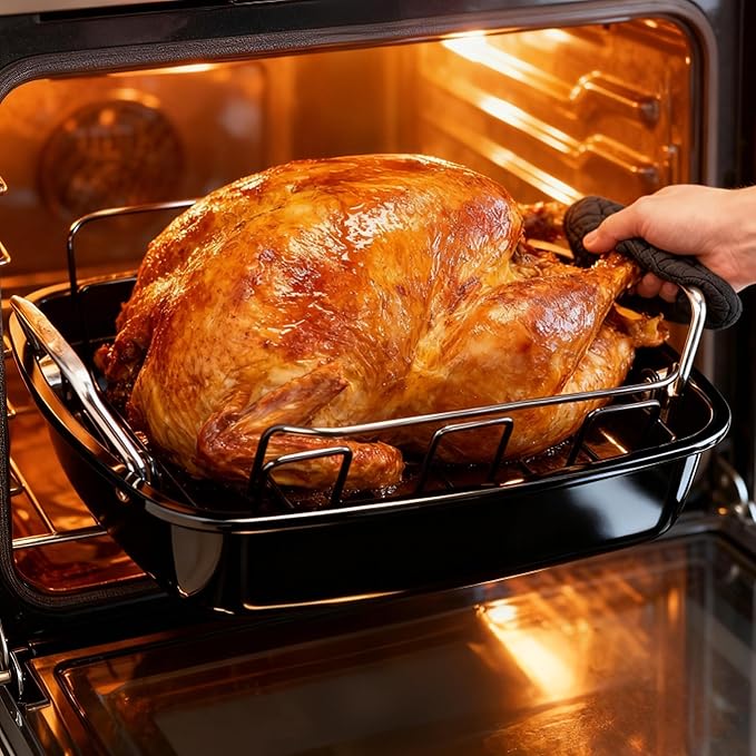 Large Nonstick Roasting Pan Kit with Rack (17x13 Inch) - Includes Baster, Pastry Brush & Twine for Turkey, Chicken, Ham - Even Heating, Easy Clean, Dark Grey (Large-Set-17.2'' x 13.5'')