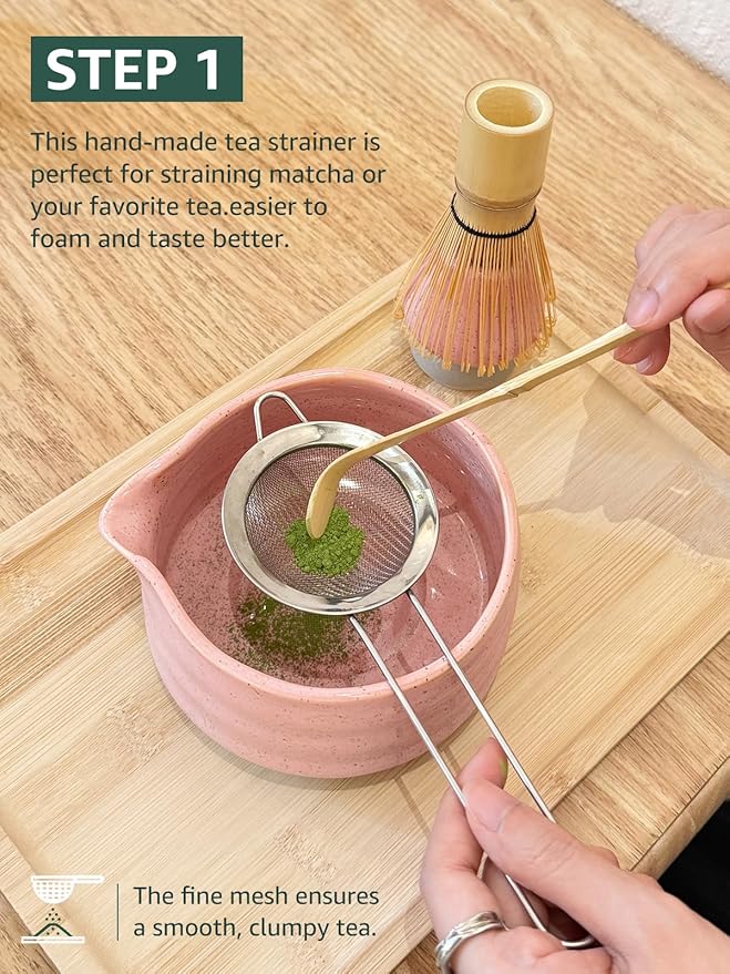 Sisher Matcha Set,Matcha Bowl with Spout,Cute Matcha Set(5pcs) Matcha Bowl,Bamboo Whisk, Matcha Scoop, Matcha Whisk Holder (Chasen Holder), Stainless Steel Sifter, Macha Kit