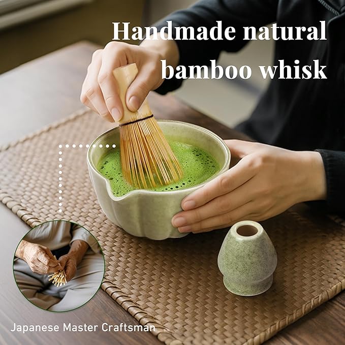 Matcha Whisk Set,7 PCS Ceramic Matcha Kit Includes Matcha Bowl with Spout, Matcha Whisk and Holder, Bamboo Scoop, Stainless Sifter, Towel, Unique Gift for Matcha Lovers (Mottled Green)