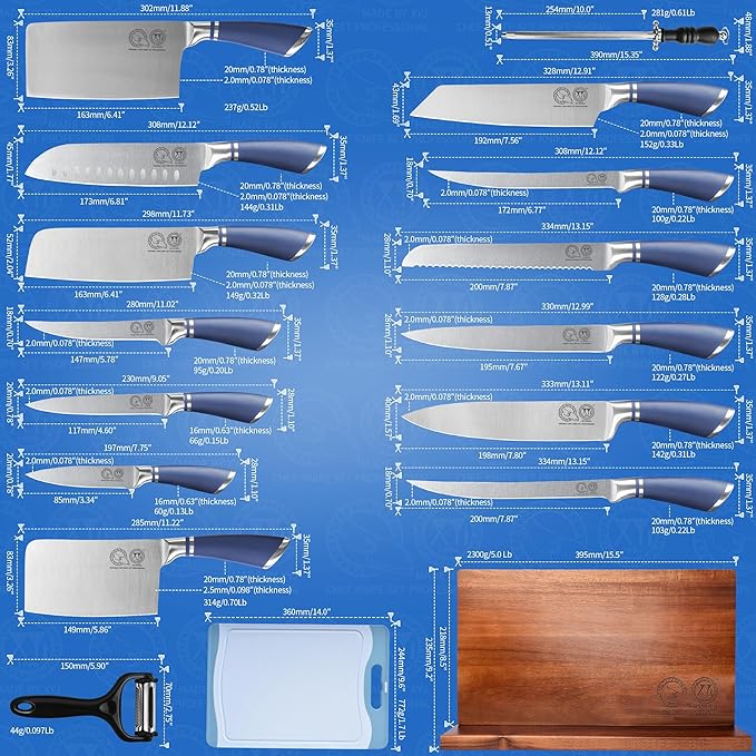 XYJ Knives,Professional Knife Sets for Master Chefs,13pcs Stainless Steel Chef Knife Set with Magnetic Knife Block,Kitchen Tools,Meat Cleaver Butcher for Camping,Kitchen Knife Set