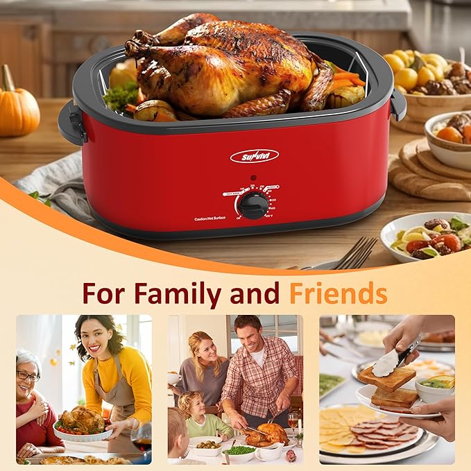 Sunvivi Electric Roaster Oven, 24 Quart with Glass Lid, Turkey Roaster, Self-Basting Lid, Removable Pan, Cool-Touch Handles, Red