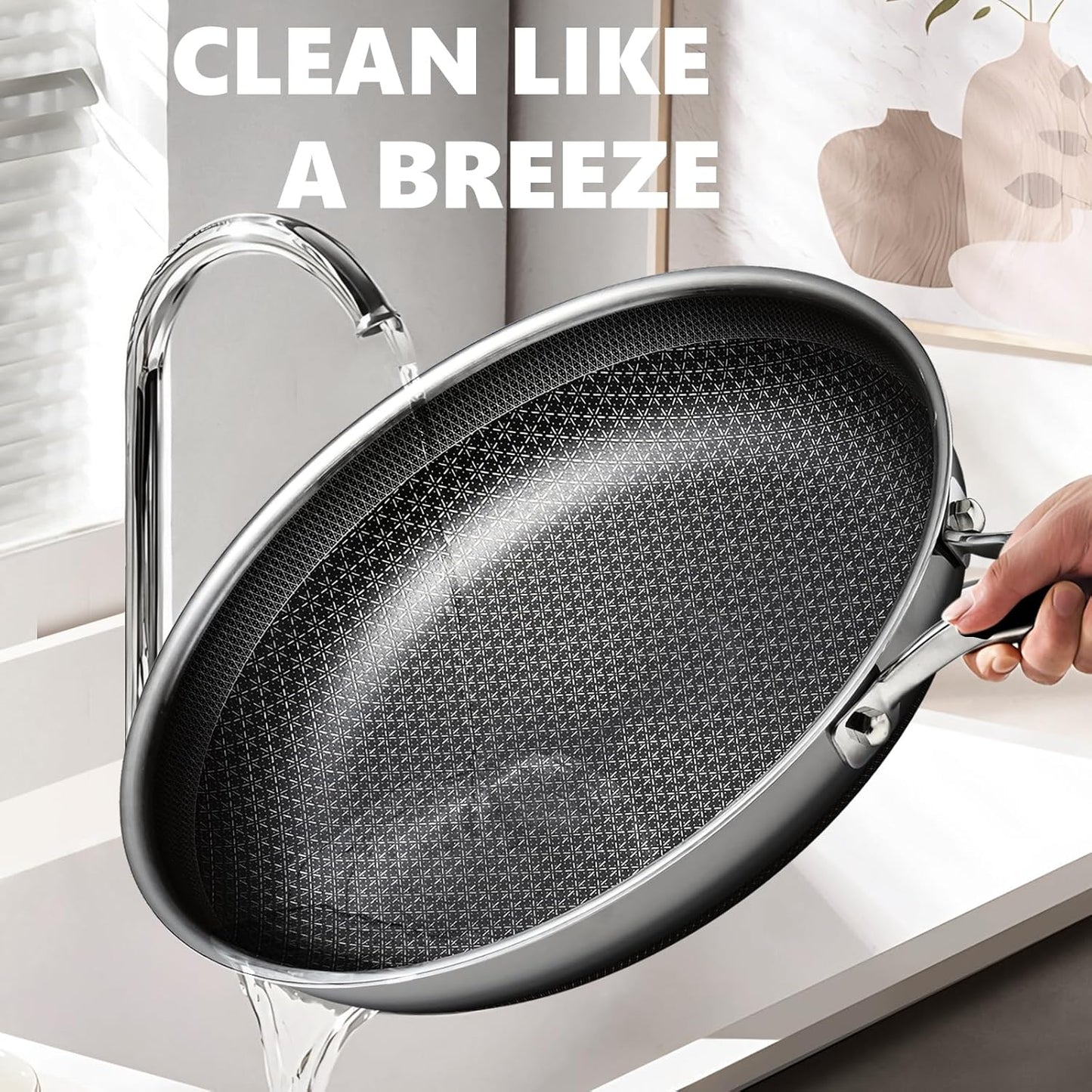 Non Stick Frying Pans Set with 2 Lid, Hybrid Pans Set Nonstick (8+10+12inch),Skillets for cooking, PFOA Free Stainless Steel Kitchen set, Dishwasher and Oven-Safe Cookware Sets