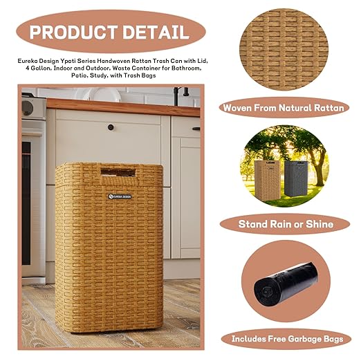 Ypati Rattan Trash Can with Lid, Wicker Bathroom Garbage Bin with Removeable Liner, 4 Gallon Small Waste Basket for Home, Outdoor Patio, Dorm, Office, Boho Decor, with Trash Bags, Yellow, Eureka