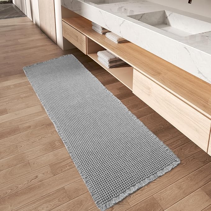 AMOAMI Upgraded Waffle Runner Rug Super Absorbent Non Slip Bath Mats for Bathroom Machine Washable Bathroom Runner Rug with Tassels, Ideal for Hallway Bedroom Laundry Room, Light Grey, 17" x 60"