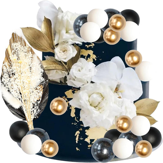Gyufise 21 Pack Flower Boho Cake Topper Ball Cake Decorations Palm Leaves Plants Cake Decor for Girl Bohemian Princess Theme Wedding Baby Shower Birthday Party Supplies Black Gold