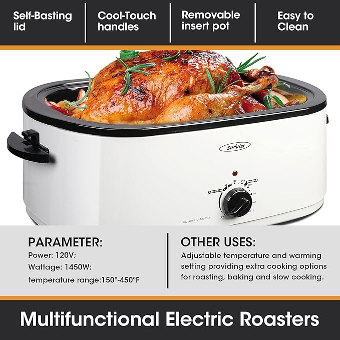 Roaster Oven, Electric Roaster Oven with Viewing Lid, Large Roaster with Removable Pan & Rack, Turkey Roaster with Unique Defrost/Warm Function, Stainless Steel, White, 26QT