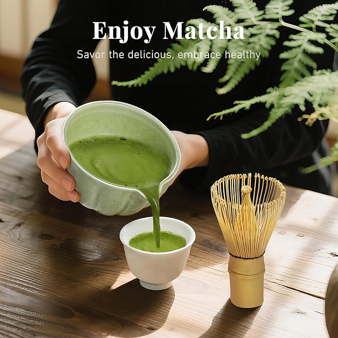 Matcha Whisk Set,7 PCS Ceramic Matcha Kit Includes Matcha Bowl with Spout, Matcha Whisk and Holder, Bamboo Scoop, Stainless Sifter, Towel, Unique Gift for Matcha Lovers (Mottled Green)