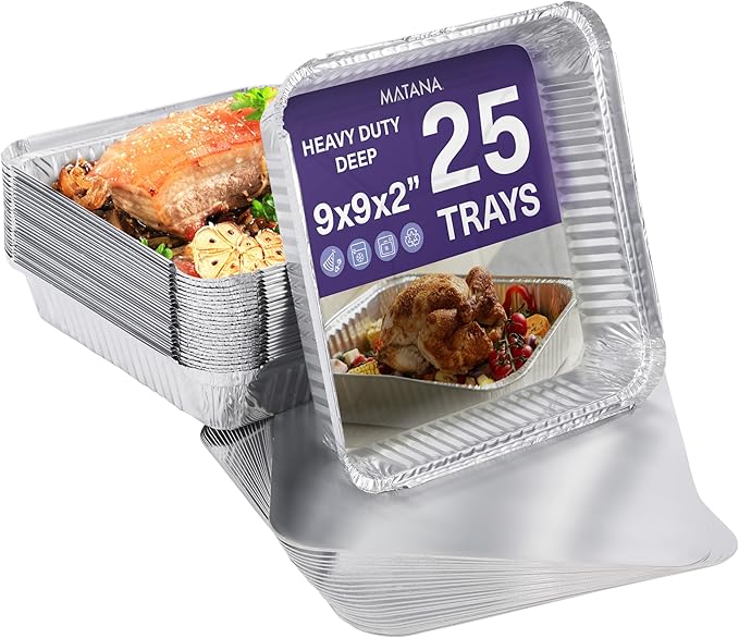 MATANA 9x9 Aluminum Pans with Lids (25 Pack) Disposable Aluminum Trays - 9" Inch Square Foil Cake Baking Pans & Food Containers with Lids