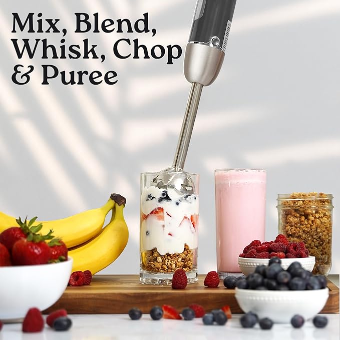 Zulay Immersion Stick Mixer Hand Blender - 800 Watts, Turbo Mode, 5-ft Power Electric Cord, Handheld Portable, Stainless Steel Blades - For Effortless Blending Smoothie, Soup, Baby Food, Puree - Gray