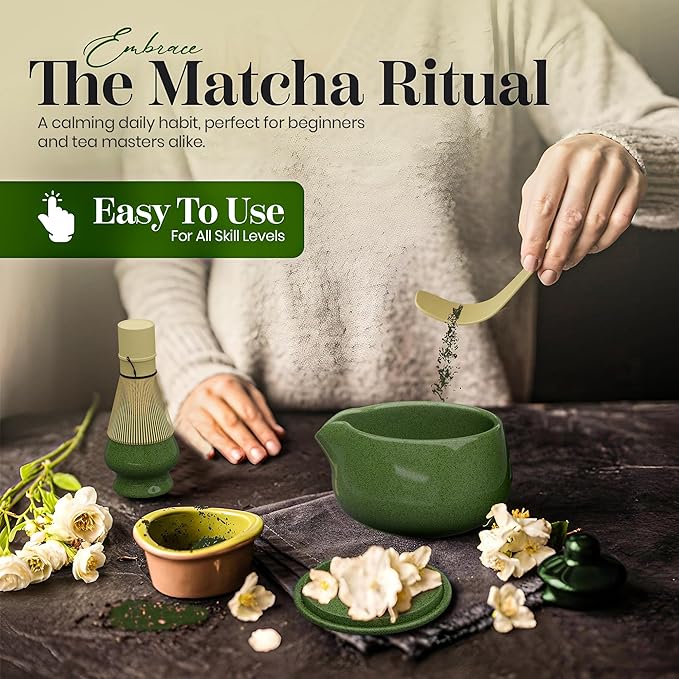 Matcha Whisk Set – Traditional Bamboo Chasen with Ceramic Bowl (Green), Measurement Lines, Spoon, Lid/Coaster - Green