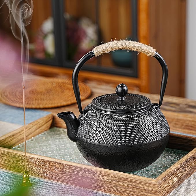 Sungmor Black Cast Iron Teapot, Japanese Tetsubin Tea Kettle for Loose Leaf, Durable Heat-Retaining Tea Set with Stainless Steel Infuser and Enameled Interior, 42 oz/1200 ml
