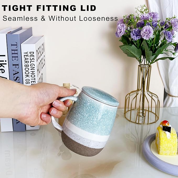13.5oz Tea Cup with Infuser and Lid, Porcelain Loose Leaf Tea Steeper Cup, Blue Teacups Gifts for Drinker, Men, Women, Home, Office