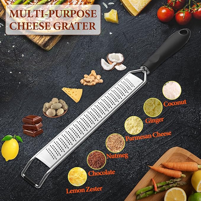 Lemon Zester & Cheese Grater – Premium Stainless Steel - A Sharp Kitchen Tool for Cheese Grater, Ginger, Garlic, Nutmeg, Chocolate, Vegetables, Fruits, Dishwasher Safe, Black B