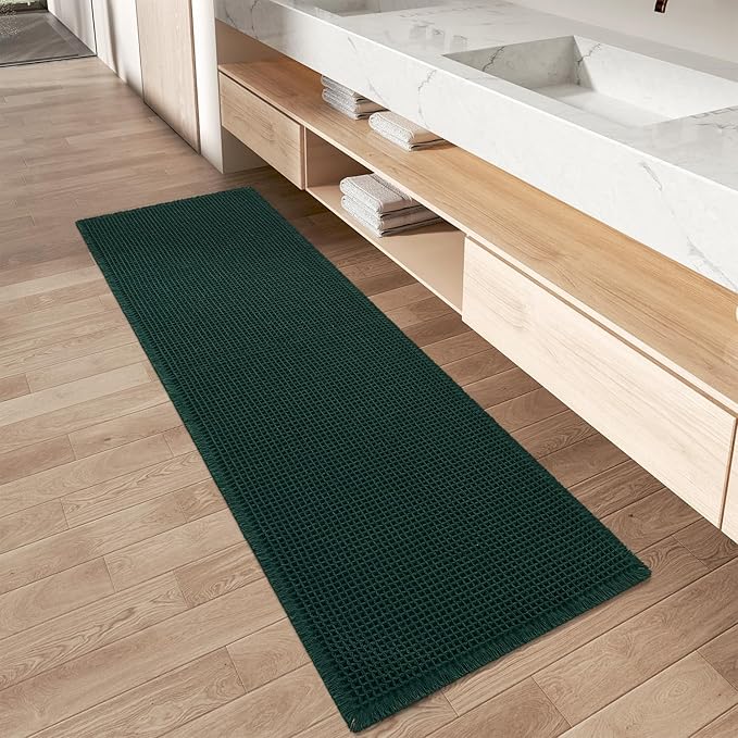 AMOAMI Upgraded Waffle Runner Rug Super Absorbent Non Slip Bath Mats for Bathroom Machine Washable Bathroom Runner Rug with Tassels, Ideal for Hallway Bedroom Laundry Room, 17" x 60", Dark Green