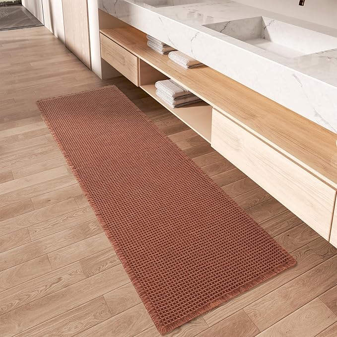 AMOAMI Upgraded Waffle Runner Rug Super Absorbent Non Slip Bath Mats for Bathroom Machine Washable Bathroom Runner Rug with Tassels, Ideal for Hallway Bedroom Laundry Room, Dirty Orange, 17" x 48"