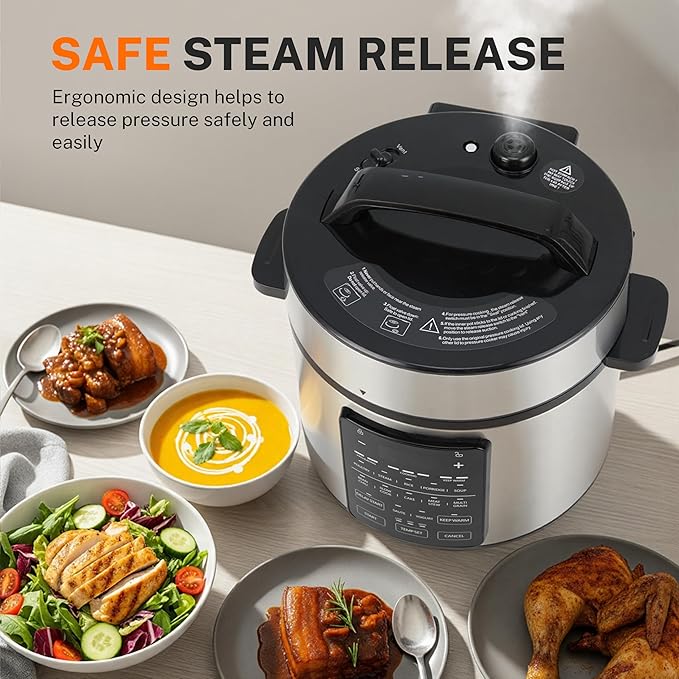 Simple Deluxe Electric Pressure Cooker, Non-Stick 12-in-1 & 6QT Stainless Steel Multi Cooker for Slow Cook, Meat Stew, Cake, Porridge, Multigrain, Dishwasher Safe, Silver