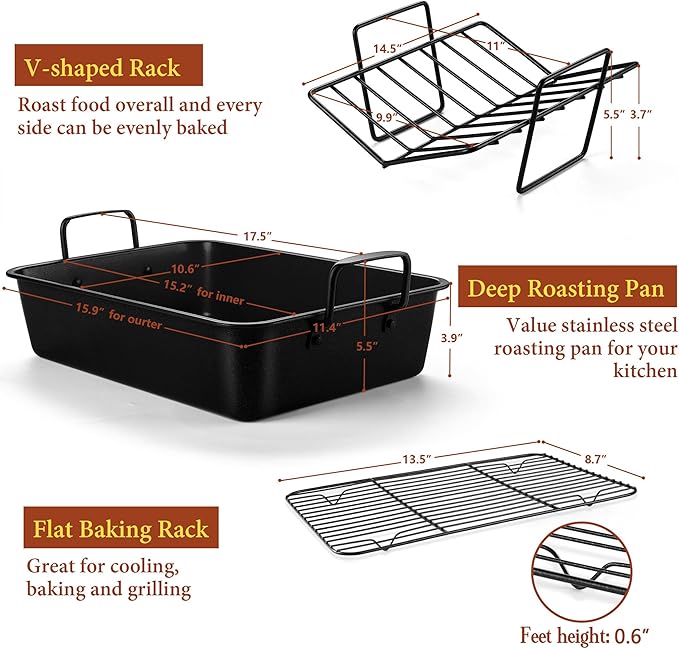 E-far Roasting Pan with Racks, Large Stainless Steel Turkey Roaster with V-Shaped & Cooling Rack for Oven, 16 Inch Nonstick Deep Broiler Pan with Handles for Baking Chicken Lasagna Meat, Heavy Duty