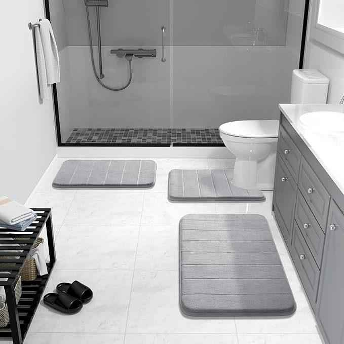 Yimobra Memory Foam Bath Mat, Super Soft Absorbent Bathroom Rug Non Slip 31.5x20 Inch, Quick Dry, Machine Washable Floor Carpet for Tub Shower, Home Decor Accessories, Gray