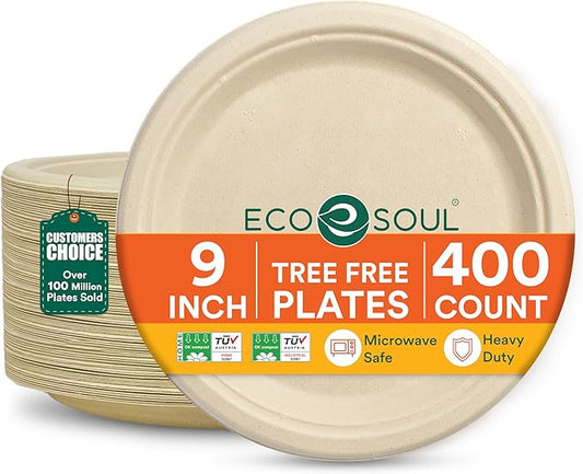 ECO SOUL 100% Compostable 9 Inch Paper Plates 400 [4x100 Pc], Biodegradable, Disposable Bagasse Paper Plates | Heavy-Duty Eco-friendly Dinner | Sturdy, Microwave & Oven Safe