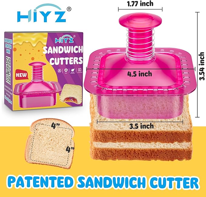 Sandwich Cutter and Sealer Cut and Seal Sandwich Maker, Crustless Peanut Butter & Jelly Sandwich Cookie Cutter (Translucent Pink Square)