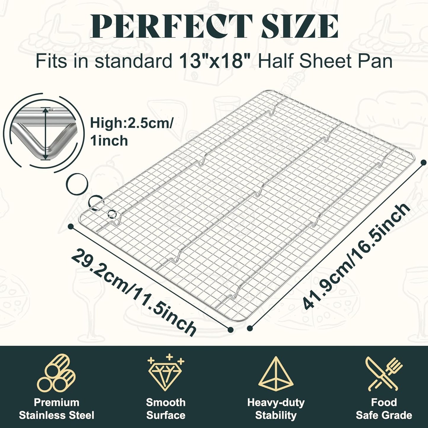 Cooling Racks for Cooking and Baking-11.5"x16.5" Oven Safe Premium Stainless Steel Heavy Duty Baking Rack Tight-Wire, Fits Half Sheet Pan for Roasting & Grilling & Cooking-1 Pack-Heavy Duty