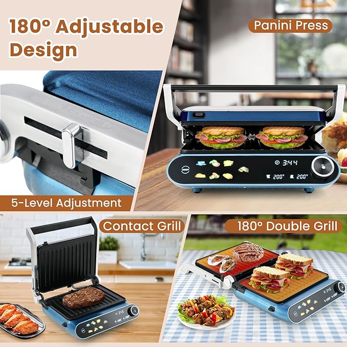 KOTEK Panini Grill Press Sandwich Maker, 3 In 1 Sandwich Press with Removable Non-Stick Plates & Drip Tray, Dishwasher Safe, 7 Cooking Modes, LED Touch Panel, Adjustable Temp, 1200W