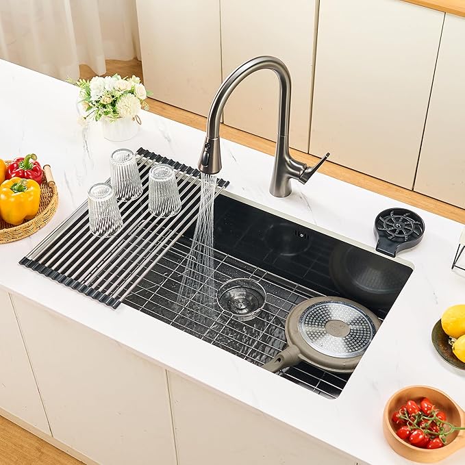30 Inchs Undermount Kitchen Sinks, 30 x 19 x 9 Inch Black-Grey Single Bowl Sink,16 Gauge Stainless Steel Nano Black Sink with Accessories for Workstation, Prep Kitchen, Bar Sink
