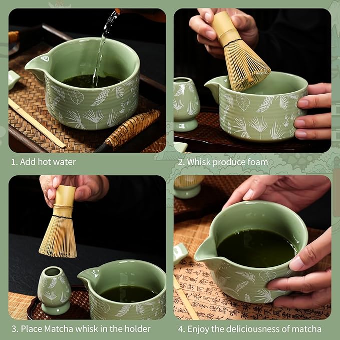 Matcha Whisk Set, 7 PCS Japanese Tea Set Includes Matcha Bowl with Spout, Whisk & Holder, Bamboo Scoop, Stainless Sifter, Towel, Ceramic Matcha Kit Making Tools, Gift for Matcha Lovers, green