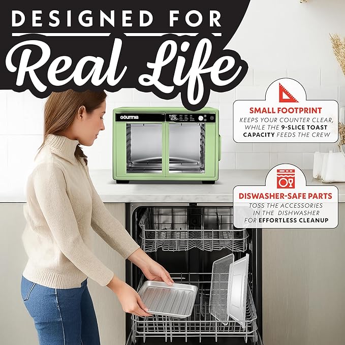 Gourmia French Door Digital Air Fryer Oven - XL 37QT Capacity, 12 Presets, FryForce 360° Tech, Dehydrate, Proof, Slow Cook, Fits 13” Pizza, 1700W, Green