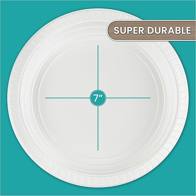 PLASTICPRO 7 inch Round Plastic Plates Microwaveable, Disposable, White, Dinnerware 100 Count