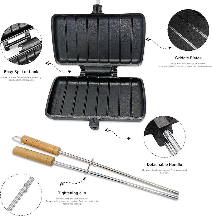 Double Pie Maker Cast Iron Sandwich Press Pans for Camping with Storage Bag and Recipes, Camp Cooker Campfire Cooking Equipment for Pies, Sandwiches, Steak, Hot dogs