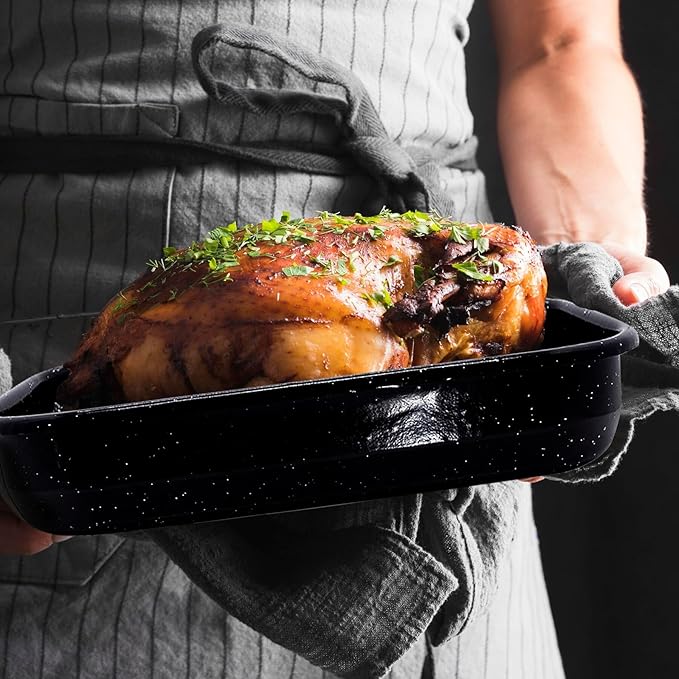 3-Pack Roasting Pans for Ovens Turkey Roaster Pan set Deep Lasagna Baking Pan,17/15/13Inch Spotted Enamel Steel Vessel Used for Cake Dinners Thanksgiving Cooking Safe Easy to Clean Bakeware