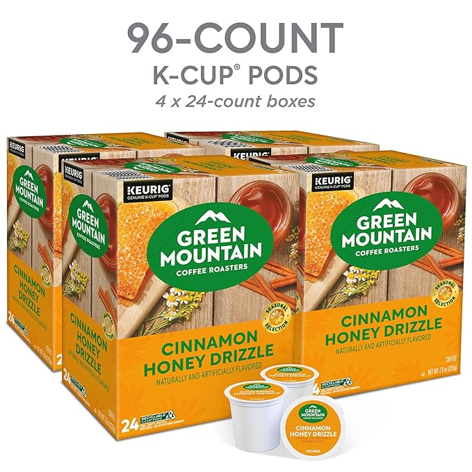 Green Mountain Coffee Roasters Cinnamon Honey Drizzle Flavored Coffee, Single Serve Keurig K-Cup Pod, 96-count pods, (4 Pack of 24)