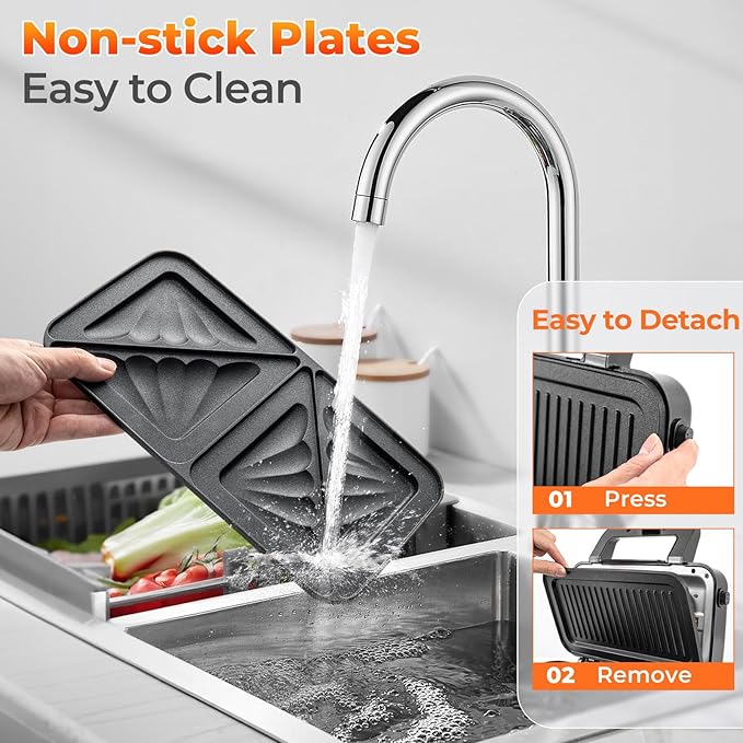 ARLIME Waffle Maker with Removable Plates, 1082W Electric Panini Press Grill w/Non-stick Plates, Indicator Lights, Sandwich Maker w/ 5-gear Temperature Control for Breakfast Grilled Cheese Steak