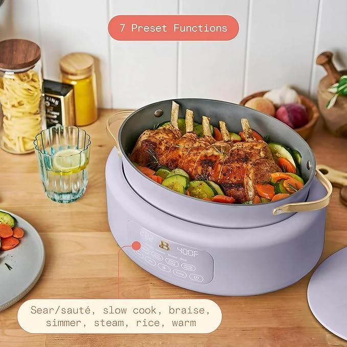 Beautiful 10-in-1 6Qt Electric Multi-Cooker by Drew Barrymore – Slow and Rice Cooker, Steamer, Dutch Oven, Sauté & More – Touch Display, Oven Safe, Dishwasher Safe (Lavender)