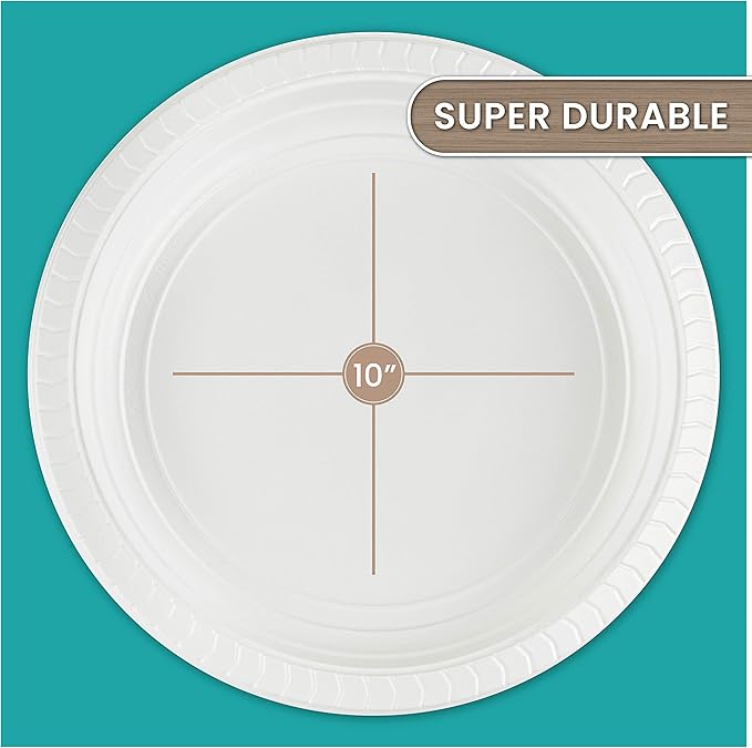 PLASTICPRO Round Plastic Plates Microwaveable, Disposable, White, Dinnerware (100, 10" Inch Plates)