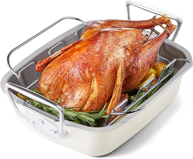 HONGBAKE Ceramic Coated Nonstick Large Turkey Roasting Pan with Rack (U-Shaped), 18.7×13.6 Inch Deep Roaster Pan for 25 lb Turkey & Chicken, Wider Handles, Non Toxic, PFOA & PTFE-Free, Cream & Gray