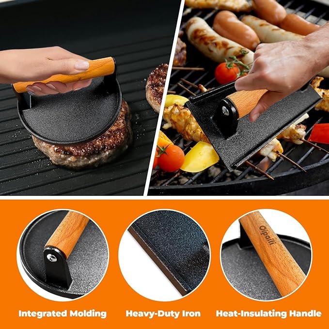 Smash Burger Press Kit for Griddle, 4 in 1 Heavy-Duty Cast Iron Round Burger Smasher & Rectangle Grill Press Meat Steak Weight for Bacon, Paninis, Hamburger, Sandwich, with Spatula & Seasoning Shaker