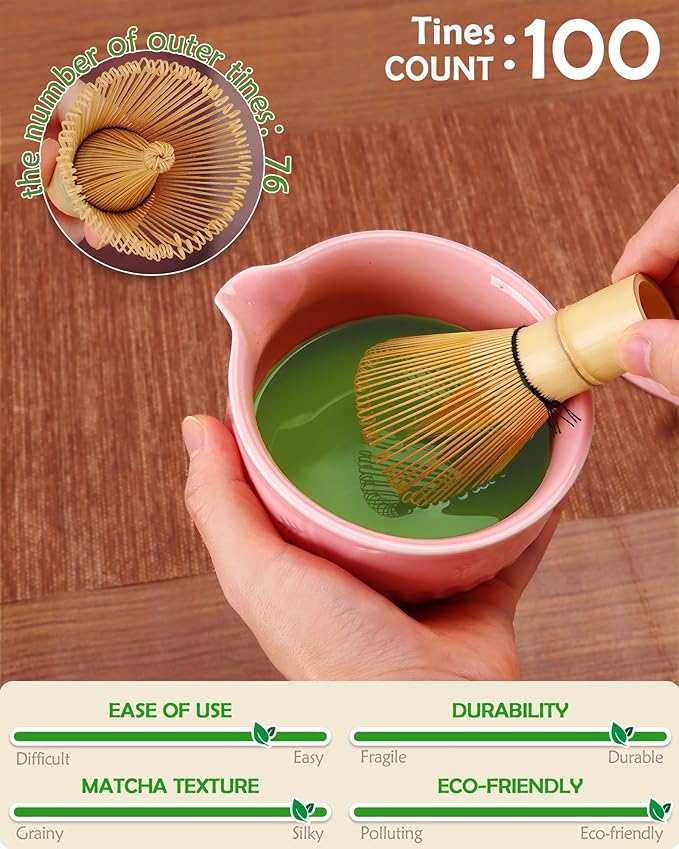 Pink Matcha Whisk Set, 8 Pcs Ceramic Matchas Set Includes Bowl, Whisk and Holder, Scoops, Bamboo Scoop, Scoop Rest, Sifter and Tea Towel, Kit for Matcha-Lovers
